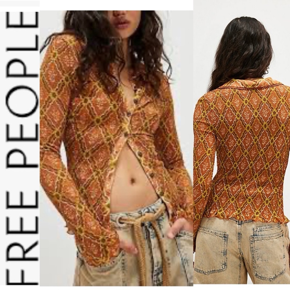NWT Free People  Caught A Feeling Cardi Smocked Orange Patterned Top xs